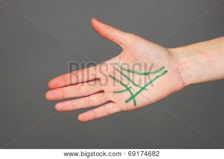 Chiromancy.Color contours on palm, on color background