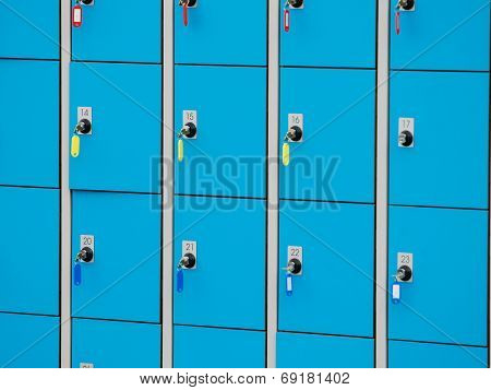 Closeup Blue Deposite Boxes With Keys. Left Luggage