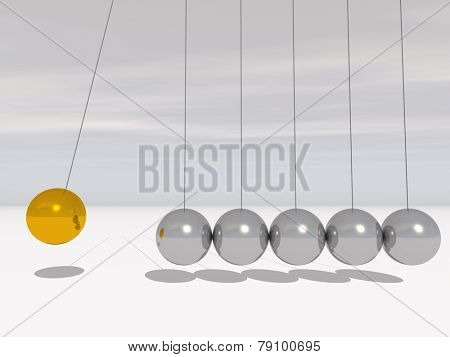 Concept or conceptual 3D metal silver and gold creative sphere Newton cradle pendulum over a sky background