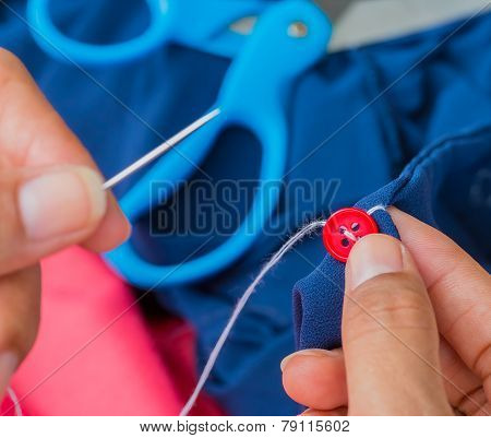 Sewing Button Indicates Cloth Thread And Fasten