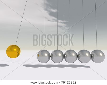 Concept or conceptual 3D metal silver and gold creative sphere Newton cradle pendulum over a sky background