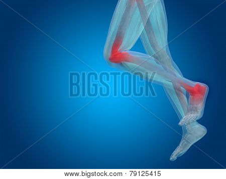 Conceptual 3D human man anatomy or health design, joint or articular pain, ache or injury on blue background