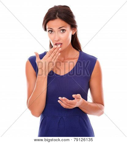 Charming Female In Purple Dress Looking Surprised