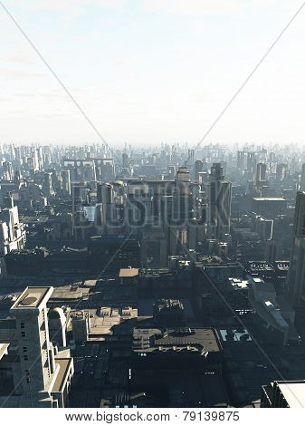Future City in Early Morning Mist
