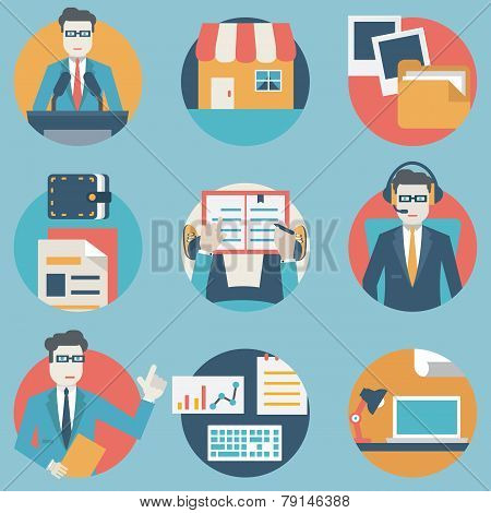 Flat Set Of Modern Vector Icons And Symbols On Business Management Or Analytics And E-commerce Theme