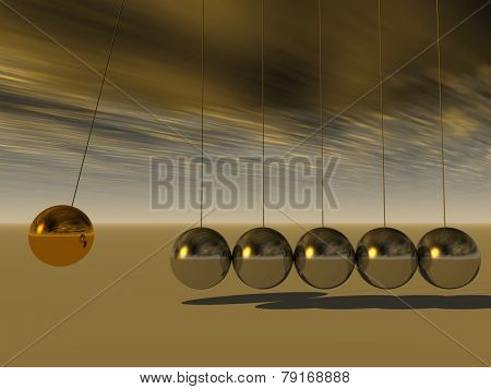 Concept or conceptual 3D metal silver and gold creative sphere Newton cradle pendulum over a sky background
