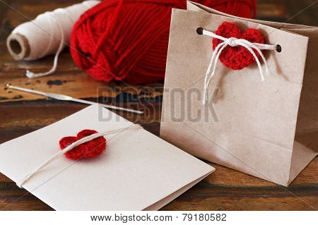 Saint Valentine Decoration: Handmade Crochet Red Heart For Greetings Card And Gift Package