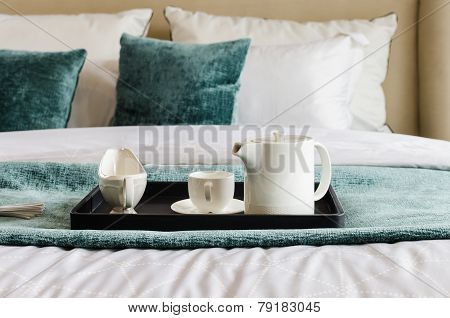 Tea Set On Black Tray In Bedroom