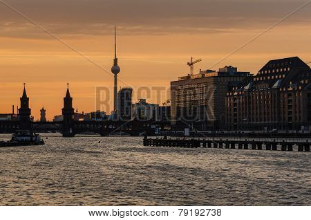 Berlin Oberbaumbrucke With Tv Tower At Sunset