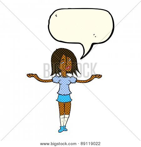cartoon woman shrugging shoulders with speech bubble