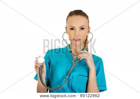 Beautiful smiling caucasian woman doctor with stethoscope.