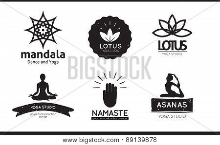 Set of logos, labels and badges for yoga studio in vector. Yoga vector logotype template.