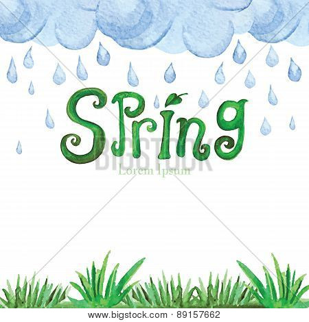 Watercolor Spring Background.Green grass,word,clouds