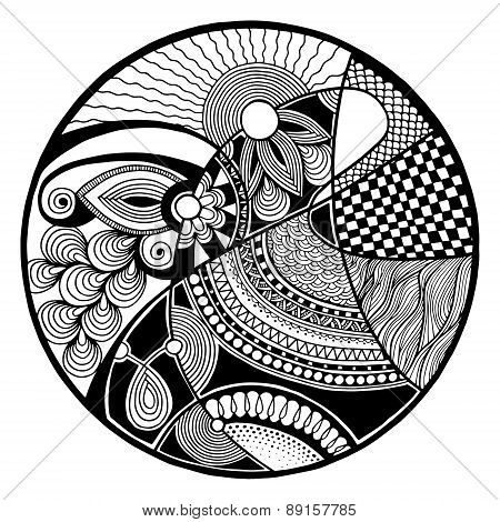 Black and white abstract zendala on circle