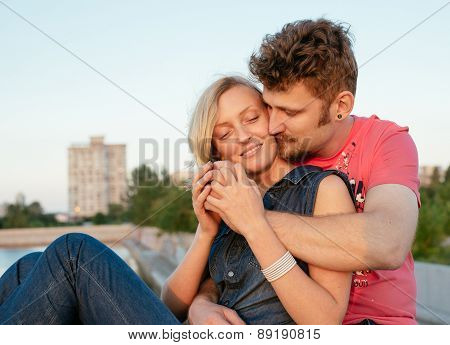 Pretty Couple Embrace Outdoor.