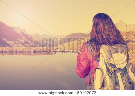 Hiking Woman Enjoying The Swiss Alps Landscape