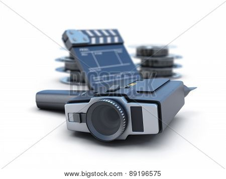 Retro Movie Camera Clapper Board And Film Reel