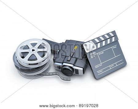 Retro Movie Camera Clapper Board And Film Reel