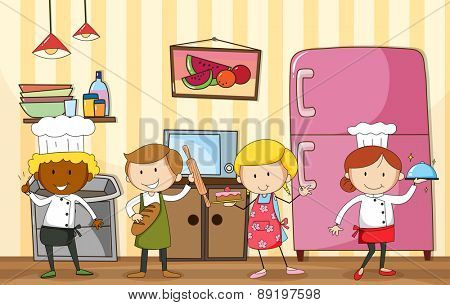 Many bakers and chef in the kitchen