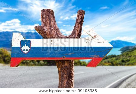 Slovenia Flag wooden sign with road background