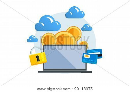 Isolated Flat Color Vector Illustration On Light Background. Concept Electronic Commerce. Mining Bit