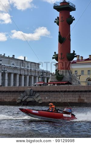 ST. PETERSBURG, RUSSIA - AUGUST 15, 2015: Unidentified riders go to the start of the River marathon Oreshek Fortress race. This international motorboat competitions is held since 2003