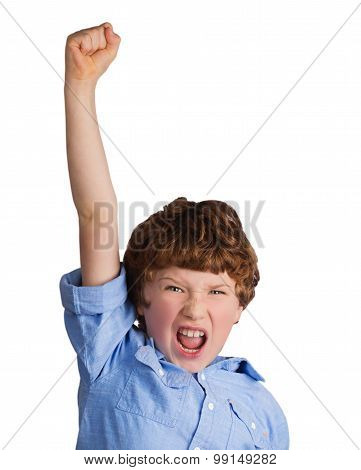 Handsome boy celebrating victory. Isolated on white background