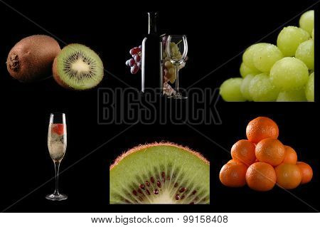Wine And Fruits On Black Background Colage