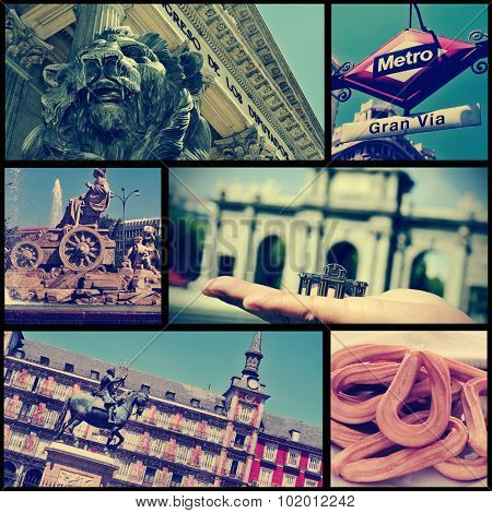a collage of some pictures of different landmarks in Madrid, Spain, such as the Puerta de Alcala, the Plaza Mayor square or the Plaza de Cibeles square, cross processed