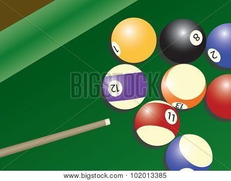Pool table and balls. Pool game with green rug.