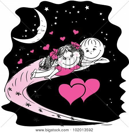 Male And Female Lovers Flying Through The Night Sky