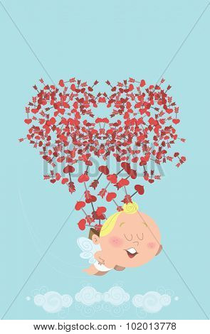 Cute flying cupid, losing his back of heart arrows in the sky, who themselves are forming a heart. Great for Valentine's Day card, post card, e-card, prints or ads.