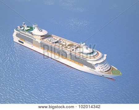 A very realistic top view 3D illustration of a Cruise Ship, similar to the Freedom of the Sea ship. Sailing out at sea.