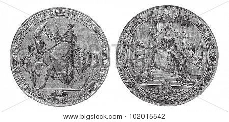 Great Seal of England by Queen Victoria vintage engraving. Old engraved illustration of the Victorian Great seal of Britain. Written Defensor Victoria Gratia Britanniarum Regina. Isolated on white