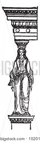 Cariatide or Kariatid or Karyatid, Greece vintage engraving. Old engraved illustration of column carved in shape of a person.