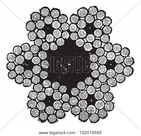 Inside of a metal cable with a core of hemp vintage illustration, isolated against a white background. Trousset encyclopedia