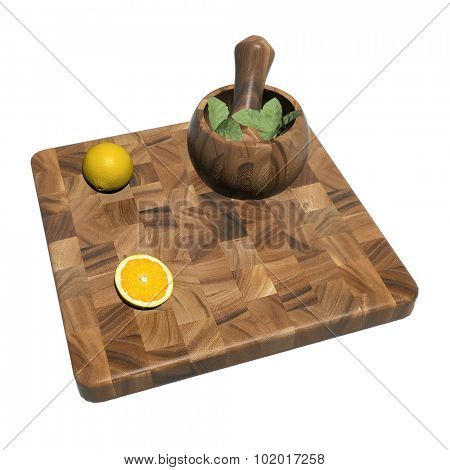 Square wooden sushi platter with whole and sliced orange and mint leaves on a mortar and pestle, 3d illustration, isolated against a white background