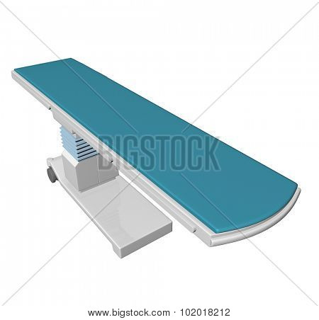 Adjustable height medical examination table or bed with blue padding, 3D illustration, isolated against a white background