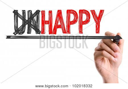 Hand with marker writing: Unhappy/Happy