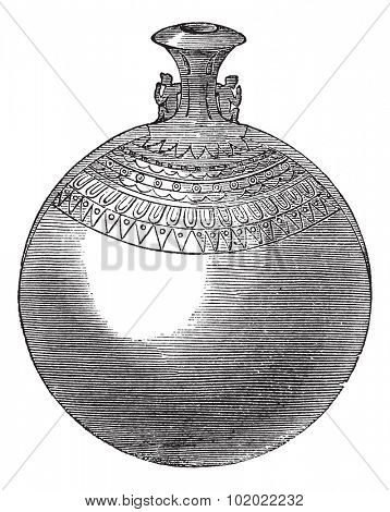 Egyptian aryballos, vintage engraving. Old engraved illustration of Egyptian aryballos isolated on a white background. Trousset encyclopedia (1886 - 1891).