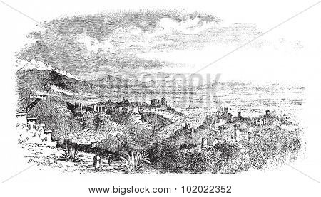 View of village at Granada, Andalusia, Spain vintage engraving. Old engraved illustration of countryside view of Granada,1890s. Trousset encyclopedia (1886 - 1891).