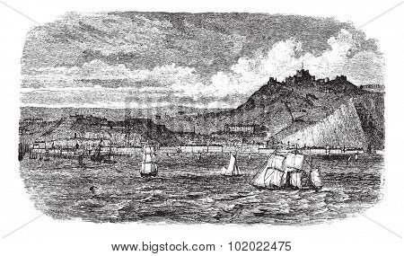 Dover in England, United Kingdom, during the 1890s, vintage engraving. Old engraved illustration of Dover showing ships at sea. Trousset encyclopedia (1886 - 1891).