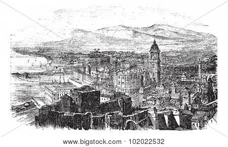Malaga in Andalusia, Spain, during the 1890s, vintage engraving. Old engraved illustration of Malaga with its port. Trousset encyclopedia (1886 - 1891).