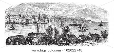 River, buildings and mountain at Kiel, Germany vintage engraving. Old engraved illustration of river, houses and mountains at Kiel, Germany, 1800s. Trousset encyclopedia (1886 - 1891).