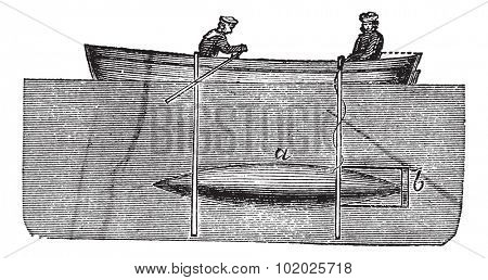 Fig .2. - Whitehead torpedo of Luppis, vintage engraved illustration. Trousset encyclopedia (1886 - 1891).