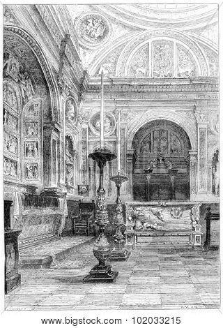 Tomb of Queen Anne Jagiellonian in the Cathedral of Krakow, vintage engraved illustration. Originally published in Magasin Pittoresque 1867.