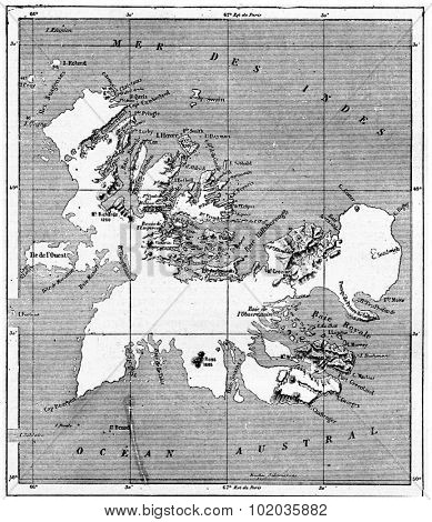 Kerguelen archipelago, vintage engraved illustration. Dictionary of words and things - Larive and Fleury - 1895.