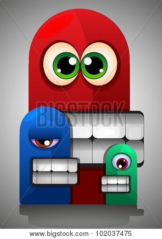 Colorful Creatures, Red Blue Green Monsters, Big Eyes Teeth, vector illustration