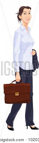 Working Woman, in Long-sleeved White Shirt, Blue Trousers, Black Heels, Holding a Blue Jacket and Brown Leather Briefcase, vector illustration
