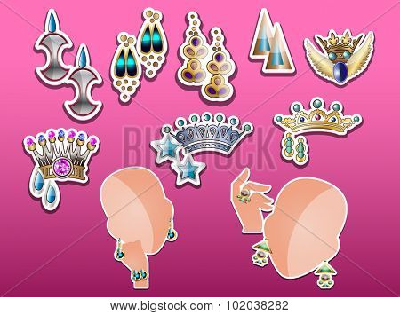 Jewelry, tiaras, earrings, bracelet and ring, vector illustration